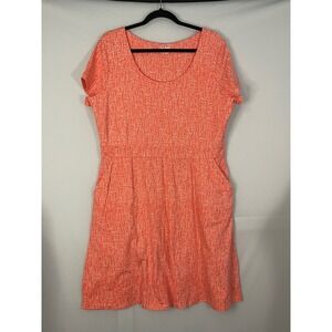 LL Bean Coral White Abstract Print Short Sleeve‎ Knit Dress Women XL REG